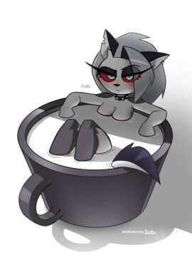 1girls bare_breasts bare_legs bare_shoulders bare_thighs bathing big_breasts blush breasts color female female_focus female_only hellaverse helluva_boss hi_res jizoku large_breasts long_hair looking_at_viewer loona_(helluva_boss) milk red_eyes solo solo_female thick_thighs white_hair