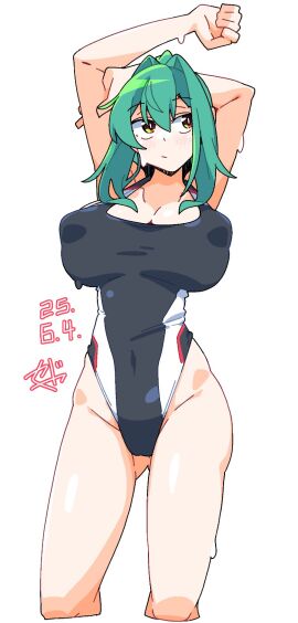 :/ blush blush_lines breasts caguya female gluteal_fold large_breasts looking_to_the_side nipple_bulge one-piece_swimsuit original original_character stretching thick_thighs wide_hips