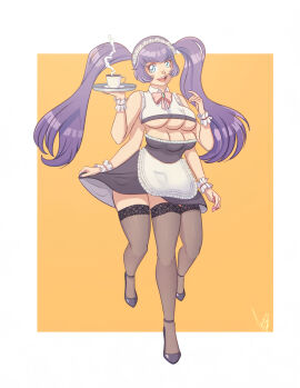 3_legs 4_arms 6_breasts accessworld blue_eyes boob_window breasts female maid multi_arm multi_breast multi_leg multi_limb purple_hair skirt_lift thighhighs