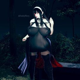 1girls alternate_breast_size black_hair blush boots breasts dark_hair dress embarrassed female female_focus female_only forest formal formal_clothes fully_clothed funkymery heel_boots heels honey_select honey_select_2 illusion_soft long_boots necklace nipple_bulge nipples nipples_visible_through_clothing red_eyes solo solo_female solo_focus spy_x_family tight_clothing yor_briar yor_forger