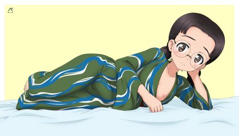 absurdres acrux black_hair blush blush_stickers braid breasts brown_eyes closed_mouth collarbone female fukuda_haru girls_und_panzer glasses highres japanese_clothes kimono long_hair looking_at_viewer nipples no_bra small_breasts solo twin_braids
