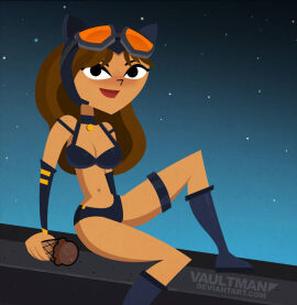 1girls 2d artist_name big_breasts bikini black_bikini boots breasts brown_hair cat_ears catwoman courtney_(tdi) dark-skinned_female dark_skin dc dc_comics fake_animal_ears female female_only freckles freckles_on_shoulders goggles goggles_on_head ice_cream knee_boots long_hair solo total_drama_(series) total_drama_island vaultman