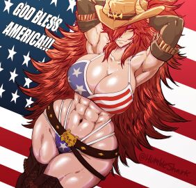 1girls 2025 2d 2d_(artwork) abs american_flag_bikini american_flag_print big_breasts breasts clothing cowboy_hat cowgirl english english_text female female_focus female_only fit fit_female flag_bikini flag_print hair hair_over_one_eye huge_breasts humble_shark light-skinned_female light_skin long_hair muscular muscular_female red_hair revealing_clothes solo solo_female text toned toned_body toned_female virtual_youtuber vshojo zentreya zentreya_(cowboy_bikini)