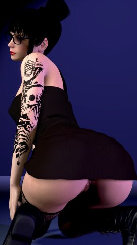 1girl 3d alex_domino ass ass_focus bangs big_ass black_hair boots choker cleavage dress exposed_ass exposed_pussy female fishnet_legwear fishnets from_behind fully_clothed glasses goth goth_girl hair_bun large_ass lesbian lingerie nopixel on_knees painted_nails pussy short_dress solo_female tattoo tattoos thighs tight_dress