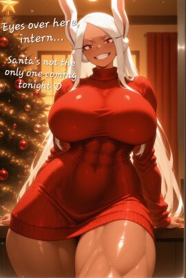 ai_assisted ai_generated big_breasts bunny_ears bunny_girl christmas christmas_lights christmas_outfit christmas_sweater christmas_tree emberdesire high_quality high_resolution highres inviting leaning_back mirko miruko muscle_mommy muscles muscular muscular_female muscular_thighs my_hero_academia no_pants red_eyes red_sweater revealing_clothes rumi_usagiyama snowing sweater text thick voluptuous voluptuous_female white_hair