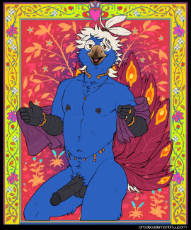 anthro artdecade avian balls bird black_balls black_body black_penis black_skin blue_body blue_feathers bracelet collar erection feather_hair feathers galliform genitals gerrark gold_(metal) gold_bracelet gold_collar gold_jewelry gold_necklace gold_piercing hair half-closed_eyes hi_res humanoid_genitalia humanoid_penis jewelry male metal_collar narrowed_eyes necklace nipple_piercing nipple_ring nipples open_mouth open_smile peacock_feather peafowl penis phasianid piercing pseudo_hair red_body red_feathers ring_piercing scarf smile solo vein veiny_penis waist_accessory white_hair