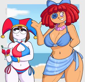 2girls bikini bikini_skirt bow brown_hair button_eye cleavage drinking_glass female flower_necklace glitch_productions gooseworx jester_hat jpg lei pomni pomni_(tadc) pomni_(the_amazing_digital_circus) ragatha ragatha_(tadc) ragatha_(the_amazing_digital_circus) red_hair sketchfins swimsuit tagme the_amazing_digital_circus thighs twitter_link yuri