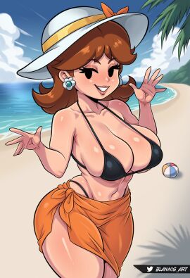 1girls absurdres alternate_costume artist_name ball_(object) beach beachball bikini black_bikini black_eyes blannis_art blue_sky breasts brown_hair cloud day earrings female flower_earrings grin hat highres jewelry large_breasts looking_at_viewer mario_(series) navel nintendo ocean orange_sarong outdoors palm_tree paper_mario princess_daisy sand sarong sky smile solid_eyes solo standing swimsuit tree twitter_logo twitter_username water white_hat