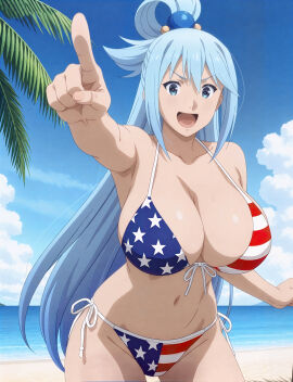 1girls ai_generated american_flag_bikini aqua_(konosuba) beach beachside bikini blue_eyes blue_hair female female_focus goddess hi_res high_resolution kono_subarashii_sekai_ni_shukufuku_wo! konosuba long_hair open_mouth outdoors outside pointing pointing_at_viewer upscaled