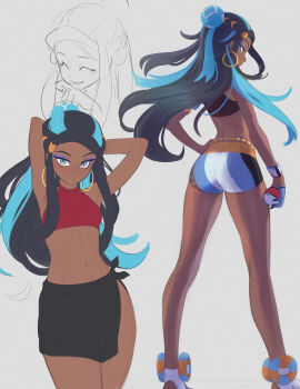 1girls absurdres anonds31 aqua_hair armlet arms_behind_head ass belly_chain bike_shorts black_hair blue_eyeshadow closed_mouth commentary dark-skinned_female dark_skin dynamax_band earrings eyeshadow female flat_color gloves grey_background hair_bun hand_on_own_hip highres holding holding_poke_ball hoop_earrings jewelry long_hair looking_down makeup multicolored_hair multiple_views nessa_(pokemon) nintendo partially_colored poke_ball poke_ball_(basic) pokemon pokemon:_twilight_wings red_vest single_hair_bun standing two-tone_hair vest