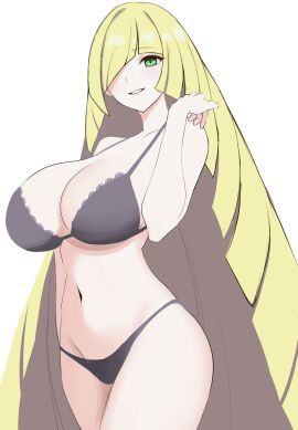 alternate_breast_size big_breasts blonde_hair breasts curvy curvy_female female green_eyes hair_over_one_eye huge_breasts human light-skinned_female light_skin lingerie lusamine_(pokemon) milf nintendo pokemon pokemon_sm surippa1010 thighs