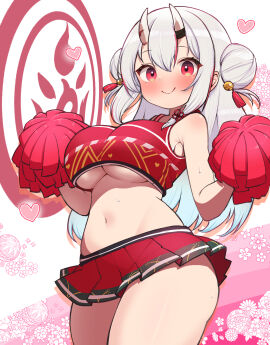 alternate_breast_size alternate_costume bell blush breasts cheerleader commentary_request cowboy_shot double_bun female grey_hair hair_bell hair_bun hair_ornament heart highres hololive hololive_gen_2 hololive_japan horns kani_bonara large_breasts long_hair looking_at_viewer microskirt multicolored_hair nakiri_ayame navel pleated_skirt pom_pom_(cheerleading) red_eyes red_hair red_skirt skin-covered_horns skirt smile solo stomach streaked_hair underboob virtual_youtuber white_background