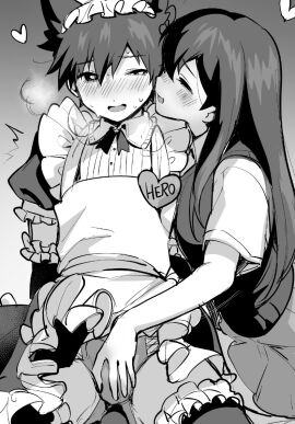 1boy 1femboy 1girls black_and_white blush cat_ears closed_eyes crossdressing dominant_female echi_echi_tk echigoya_takeru erection erection_under_clothes female femboy femboy_on_female femboysub femdom hand_on_penis hero_(omori) light-skinned_femboy light_skin maid_headdress maid_outfit maid_uniform male mari_(omori) omori penis reverse_molestation straight submissive_male