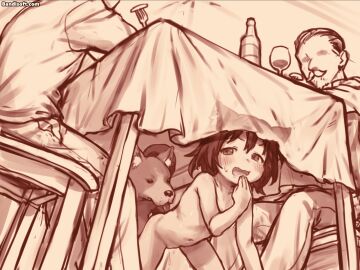 3boys ? all_fours animal animal_ears animated blush bottle canine cat_ears cat_girl cat_tail caught chair completely_nude covering_own_mouth female flat_chest fork inflation kurotsuki_(luowei99) monochrome multiple_boys nude one_eye_closed original pants sex sex_from_behind smug squiggle stealth_sex stomach_bulge surprised tail tears tongue tongue_out trembling zoophilia