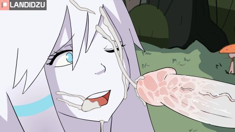 1boy 1girls blue_eyes cock cum_in_mouth cum_on_face dick female kindred lamb_(league_of_legends) landidzu league_of_legends male one_eye_closed penis riot_games straight white-skinned_female white_hair