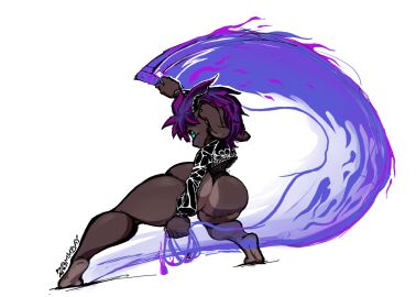 1girls action_pose artist_logo artist_name ass barefoot big_ass big_thighs black_sclera bottom_heavy commission dark_skin female goblin goblin_female green_eyes horned_female horns huge_ass kusarigama leather leather_jacket magic magic_user piercings shortstack thick_legs thick_thighs zommbay