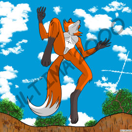 1:1 anthro anus breasts brown_body brown_fur canid canine cloud digital_drawing_(artwork) digital_media_(artwork) female fox fur genitals hi_res low-angle_view mammal nipples orange_body orange_fur plant pussy sky solo tree ultima_2000 watermark white_body white_fur