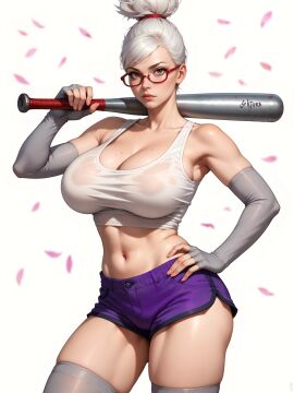 abs ai_generated ayase_seiko baseball_bat big_breasts dandadan glasses realistic shorts shtora wet_shirt white_hair