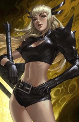 1girls 2d armor ass belt belt_buckle big_ass big_breasts blonde_hair breasts cleavage ejikure female female_only fully_clothed long_hair magik_(illyana_rasputin) magik_(marvel_rivals) marvel marvel_comics marvel_rivals navel short_shorts solo sword thick_thighs x-men