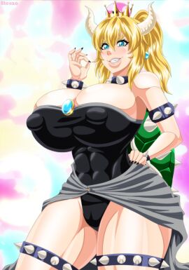 1girls blonde_hair bowsette breasts cyan_eyes ero-enzo fangs female horns huge_breasts huge_thighs mario_(series) new_super_mario_bros._u_deluxe nintendo rtenzo solo tagme