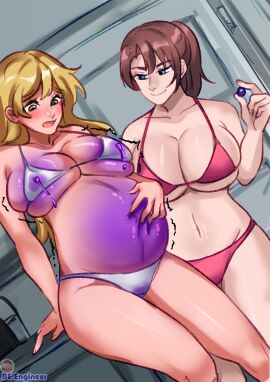 2girls amber_eyes ass ass_expansion beengineer belly_expansion big_ass big_belly big_breasts bikini blonde_hair blue_eyes blue_skin blueberry blueberry_inflation blueberry_juice breast_expansion breast_growth breast_growth_(enlargement) breasts brown_hair cleavage expansion feeding female grabbing_own_belly inflation inherentlysostrange lactation lactation_through_clothes leaking leaking_pussy light-skinned_female light_skin navel pussy skin_turning_blue thin_waist wide_hips