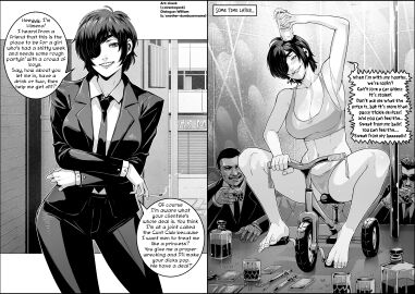 alcohol armpits beer_can before_and_after biting_lip biting_own_lip black_and_white black_hair brown_hair chainsaw_man cigarette cirenk cleavage clothed_female clothed_male comic crowd degradation degradation_text dialogue drinking_glass drugs drunk eyepatch feet female himeno_(chainsaw_man) holding_cigarette humiliation intoxicated looking_at_viewer male maledom panties pills pov public public_humiliation riding_bicycle short_hair smiling smoking smoking_cigarette stage strip_club stripper_pole suit suit_and_tie syringe tank_top tricycle vehicle
