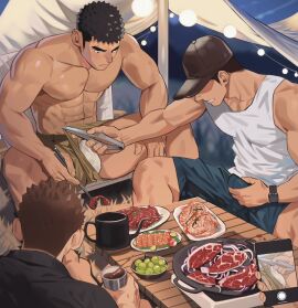 3boys 4boys abs bara barbecue beef beverage biceps black_eyes black_hair broad_shoulders brown_hair bulge bulge_through_clothing camping cap cellphone chopsticks coffee_pot collarbone cooking covered_eyes duo duo_focus erect_nipples eyebrow_scar food frown gay grapes grass hand_on_crotch hi_res holding_drink holding_object holding_phone legs_apart light_bulb lights looking_at_penis looking_down male male/male male_only mature_male meat muscles muscular muscular_arms muscular_male navel night original original_character pants_pull party pecs penis phone_camera phone_screen pulling_clothing recording salmon shadow_over_eyes short_hair shorts shrimp sitting six_pack smartphone smartwatch spread_legs table tank_top thick_eyebrows tongs topless wooden_table wristwatch yaoi youchi123 zheng_yu