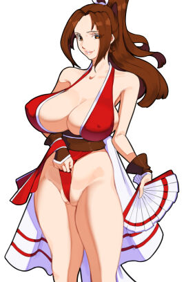 47_hard breasts cameltoe fatal_fury female folding_fan hand_fan hard.d high_ponytail highres holding holding_fan huge_breasts long_hair mai_shiranui ponytail pussy snk solo wedgie