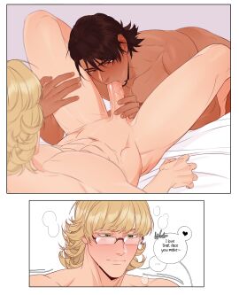 2boys abs age_difference androgynous barnaby_brooks_jr. beard bed bedroom blonde_hair blowjob brown_hair dark-skinned_male dark_skin dialogue dialogue_bubble dilf facial_hair fellatio gay glasses kotetsu_t._kaburagi legs_open light-skinned_male light_skin looking_at_another looking_at_partner lying lying_on_back lying_on_bed male male/male muscular muscular_male older_male open_legs oral oral_penetration oral_sex penis penis_suck pretty_boy riffraff riffraffhellyea romantic romantic_couple saliva saliva_on_penis saliva_string saliva_trail speech_bubble sucking tiger_and_bunny veiny_penis yaoi younger_male