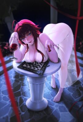 absurdres ahoge alcohol ass barefoot bent_over blue_eyes blurry blurry_background breasts chess_piece chessboard cleavage closed_mouth crossed_bangs cup dress drinking_glass feet female female_focus hair_between_eyes high_school_dxd highres holding holding_cup large_breasts legs limart long_hair looking_at_viewer red_hair red_wine rias_gremory see-through_clothes see-through_dress sleeveless sleeveless_dress smile solo stone_floor table toenails toes white_dress wine wine_glass