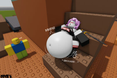 1boy 1girls 3d battle bettybloxxer big_belly blush dedrt digestion female female_pred grey_skin guest_(roblox) huge_belly loser male noob noob_(roblox) open_mouth pink_hair pleasure_face roblox shorts sword text tongue tongue_out unknown_prey vore