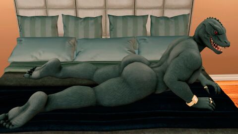 absurd_res anthro ass bed black_body claws clock epic_games feet fortnite furniture hi_res humanoid_feet male meteorsmash muscular nude plantigrade reptile ring scalie solo thunder_(fortnite) toes watch wristwatch