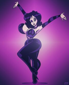 1girls ankh arm_socks arms_up artist_signature bare_shoulders belt big_breasts black_eyes black_hair black_lipstick bodysuit breasts cel_shading character_name chocker cleavage curvy curvy_female curvy_figure extended_arm eyelashes eyeshadow female full_body goth goth_girl high_heels highres leg_up looking_at_viewer mostly_clothed no_bra open_bodysuit original original_character pale-skinned_female pale_skin purple_background rustysh4ckl3ford shaded shiny_clothes shiny_eyes shiny_hair shiny_lips short_hair simple_background smile smiling smiling_at_viewer spread_arms standing thick_thighs tiptoes violetta_ravenwing voluptuous voluptuous_female white_skin wide_hips wink winking winking_at_viewer