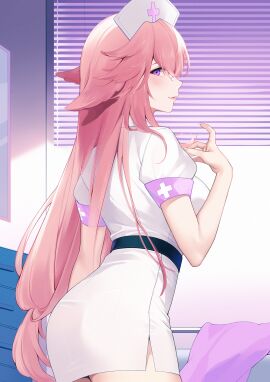 1girls ass breasts dress female female_only fox_ears fox_girl genshin_impact hi_res large_breasts long_hair looking_at_viewer nurse nurse_cap nurse_uniform pink_hair purple_eyes uosaasou white_dress window window_blinds yae_miko