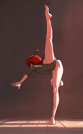1girls back_view bare_legs bare_thighs barefoot cinn_angl feet female female_only flexible from_behind full_body green_leotard gymnastics leotard light-skinned_female light_skin looking_away on_one_leg ranma-chan ranma_1/2 ranma_saotome red_hair shaded shadow thick_thighs thighs