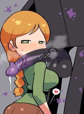 1boy 1girls alex_(minecraft) arousal aroused balls bedroom_eyes big_balls big_penis bigger_male black_body blush_lines blushing braid breath breathing clothed_female_nude_male clothing crap-man enderman erect_penis erection female female_human female_on_monster green_eyes grey_background heart-shaped_pupils height_difference hiryouman horny_female human imminent_oral imminent_sex interspecies larger_male long_hair looking_at_penis looking_back male minecraft minecraft_mob mob mojang monster monster_on_female monster_on_human musk_clouds musky orange_hair penis penis_on_shoulder pleasure_without_expression precum purple_penis smaller_female spoken_heart steamy_breath straight sweat tagme veins