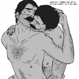2boys arm_hair black_and_white black_hair blush blushing body_hair bruises chest_hair embrace english_text facial_hair gay gay_sex holding male male/male male_only male_penetrating_male moustache mustache nipples original_character passionate pecs red_dead_online red_dead_redemption_(series) red_dead_redemption_2 self_love yaoi