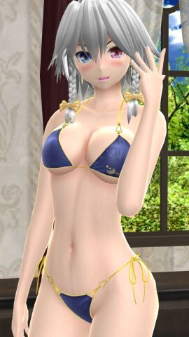 1girls 2023 3d belly_button bikini blue_bikini blue_sky blush breasts clavicle cleavage clouds curtains female hand_gesture hati_yukkuri_mmd heterochromia hips human indoors interior_background jpeg light-skinned_female light_skin looking_at_viewer mmd one_arm_up open_mouth sakuya_izayoi short-haired_female sky solo_female solo_focus swimsuit tied_hair touhou trees waist white-haired_female window yellow_bowtie