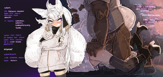 1boy 1girls animal_ears animal_tail clothed clothed_sex dark-skinned_male dark_skin dialogue english english_text female fox_ears fox_girl fox_tail instant_loss instant_loss_2koma interracial light-skinned_female light_skin male outdoors pmc_promiscuity purple_eyes sex shizu_(shuuko) shuuko tagme white_hair