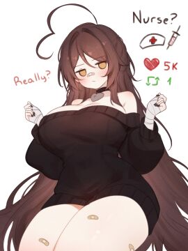 1girls ? bandage belly_button black_hoodie black_panties blush brown_hair female female_only indie_virtual_youtuber large_breasts long_hair panties plaster sky_(skyaboveme) skyaboveme smile solo solo_focus stomach sweater thighs thighs_together virtual_youtuber white_background