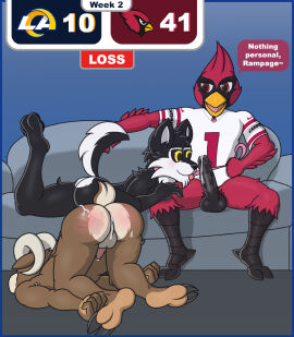 3_toes 4_toes 5_fingers anthro anus arizona_cardinals ass ass_up avian avian_feet backsack balls ballsack barefoot beak big_red_(arizona_cardinals) bird black_balls black_body black_fur black_glans black_nose black_pawpads black_penis black_sclera bodily_fluids bottomless bottomless_anthro bottomless_male bovid brown_body brown_eyes brown_fur canid canine canis caprine cardinal_(bird) clothed clothed/nude clothed_anthro clothed_male clothing collar comic cum cum_from_ass cum_in_ass cum_inside cum_on_ass cum_on_butt cum_on_penis cum_on_perineum dialogue domestic_dog english_text erection feathers feet fingers football_jersey fur furniture genital_fluids genitals glans group hand_print hooved_toes hooves horn humanoid_genitalia humanoid_penis husky jersey leash logo los_angeles_rams lying male male/male mammal nfl nike nordic_sled_dog nude nude_anthro nude_male on_front oscine passerine pawpads penis perineum pink_anus pink_penis pink_tongue rampage_(los_angeles_rams) red_body red_feathers sheep sitting smile sofa spank_marks spitz tan_balls text thehuskyk9 thehuskyk9_(artist) toes tongue tongue_out trio white_body white_fur yellow_beak yellow_eyes