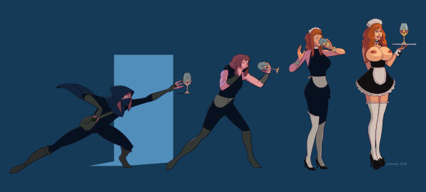 ass ass_expansion before_and_after bimbofication breast_expansion breast_growth breast_growth_(enlargement) breasts drinking female female_only femsub huge_breasts maid ninja orange_hair simple_background sortimid topless tray waitress