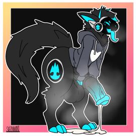 absurd_res animal_genitalia animal_penis anthro balls big_balls bodily_fluids bottomless clothed clothing cum cum_drip cum_on_ground dripping ego_(skrivhatoro) equine_genitalia equine_penis genital_fluids genitals hi_res hoodie hoodie_only horn machine male male_only musk musk_clouds penis protogen skrivhatoro solo thick_thighs tongue tongue_out topwear topwear_only