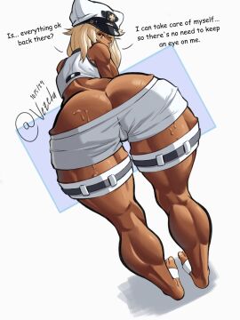 1girls 2024 ass ass_cleavage bent_over blonde_hair clothing dark-skinned_female dark_skin dialogue english_text female female_only guilty_gear hat hi_res long_hair looking_at_viewer looking_back looking_back_at_viewer muscular muscular_thighs orange_eyes ramlethal_valentine rear_view shorts solo talking_to_viewer thick_ass thick_thighs thigh_strap topwear vezeta white_background