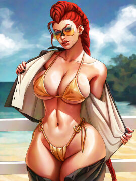 2d azuma_yasuo azumaarts big_breasts bikini braid breasts busty crimson_viper earrings eyewear female golden_bikini hourglass_figure large_breasts long_hair makeup meme milf nail_polish navel outdoors outside street_fighter sunglasses tinted_eyewear undressing wide_hips