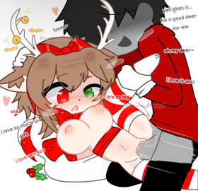 1boy 1girls antlers black_hair breasts brown_hair clothed_male_nude_female deer_girl dialogue faceless_male female freckles gacha heterochromia male meow_shady2 mistletoe partially_clothed pussy ribbon sex text thighhighs vaginal_penetration vaginal_sex
