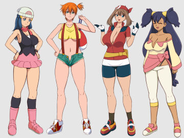4girls adapted_costume asymmetrical_hair bandana bare_legs beanie bike_shorts blue_eyes blue_hair blush boots breasts brown_hair cleavage cowboy_shot creatures_(company) curvy dawn_(pokemon) dawn_(pokemon_dp) denim denim_shorts female female_only game_freak glamour_works gloves green_eyes green_hair gym_leader hair_ornament hat highres human iris_(pokemon) iris_(pokemon_bw) kasumi_(pokemon) large_breasts legs legs_together long_hair looking_at_viewer may_(pokemon) may_(pokemon_rs) miniskirt multiple_females multiple_girls navel nintendo nipples open_mouth orange_hair pants pink_footwear pokemon pokemon_(anime) pokemon_(classic_anime) pokemon_bw_(anime) pokemon_dppt_(anime) pokemon_rse_(anime) ponytail red_hair red_scarf scarf shirt shoes short_hair short_shorts shorts side_ponytail simple_background skirt sleeveless smile sneakers socks standing straight suspenders tank_top thick_thighs thighs underboob underwear unzipped wide_hips yellow_shirt yellow_tank_top