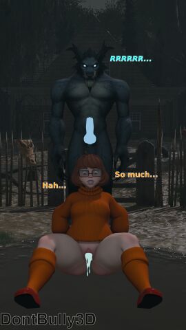 1boy 1girls 3d anthro blender blender_(artwork) blender_(software) canine canine_genitalia canine_penis cum dialogue dont_bully_(artist) erection female glowing_eyes glowing_genitalia glowing_penis imminent_rape imminent_sex male penis pussy scooby-doo text velma_dinkley werewolf