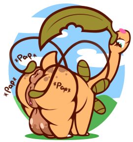 2021 absurd_res anus ass bayleef big_ass big_butt blush breasts chamomille_(ikakins) clitoris cloud crotchboobs eyelashes female feral freckled_butt freckles generation_2_pokemon genitals glistening glistening_anus glistening_teats grass green_eyes hi_res huge_crotchboobs ikakins looking_back nintendo onomatopoeia plant pokemon pokemon_(species) presenting presenting_hindquarters pseudo_hair pussy quadruped sky smile solo sound_effects spanking_self standing tail_anus teasing text thick_thighs three-quarter_view y_anus