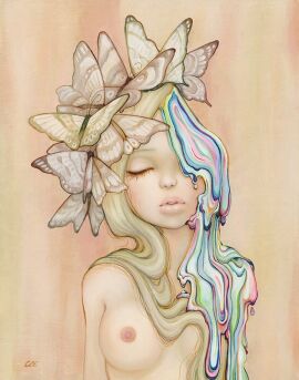 1girls blonde_hair breasts butterfly camilla_d'errico dripping female long_hair melting nipples original psychedelic psychedelic_background solo surreal what